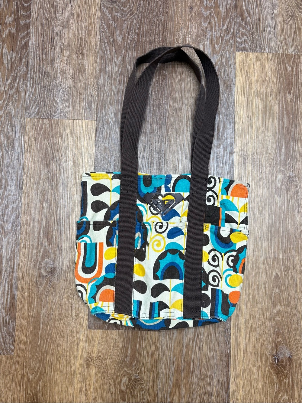 Roxy Multicolor Geometric Pattern Tote with Brown Straps